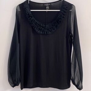August Silk Sheer Black Blouse with Ruffle Size MP NWT